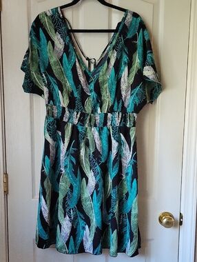 SHEIN Black Dress with Teal, Turquoise & Green Feather Print